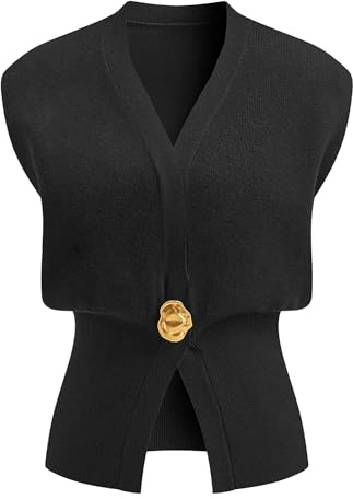 Zoziiee Womens Sleeveless Sweater Vest Deep V Neck Button Down Waist Cinched Knit Trendy Solid Pullover Tank Tops(Black,S)