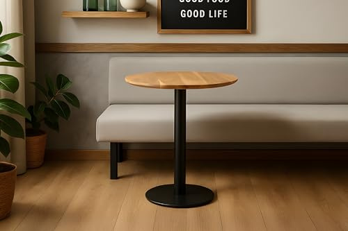 SAM Runder Bistrotisch Brasilian | 70 x 70 cm | Akazienholz massiv | Farbe: Natur | Schweizer Kante | Säulen-Gestell Metall Schwarz | Holztisch/Säulentisch/Esstisch für Küche & Café