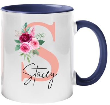 Excudo Trade LTD Custom Initial Name Color Mug Personalised Floral Coffee Tea Cup Ceramic Gift for Her Him Unique Present for Birthday Christmas Valentines Day Anniversary Mothers Day - Dark Blue