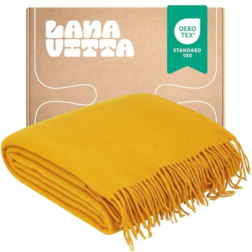 Lanavitta – Wolldecke „Grand“ – Tagesdecke & Bettüberwurf – Couchüberwurf, Sofadecke, Couchdecke, Sesseldecke – 100% südamerikanische Wolle, Warmer Sofa-Plaid – Gelb – 140x200 cm