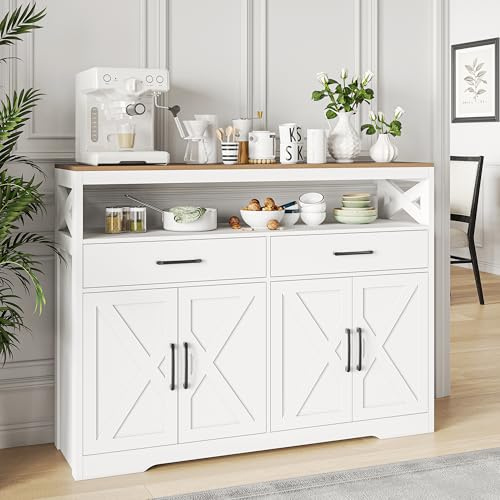 FOERPL - Aparador para comedor, aparador bajo, muebles de almacenamiento para sala de estar con 4 puertas y 2 cajones, cómoda baja bahut de comedor para cocina, pasillo y salón, entrada (G blanco, 140