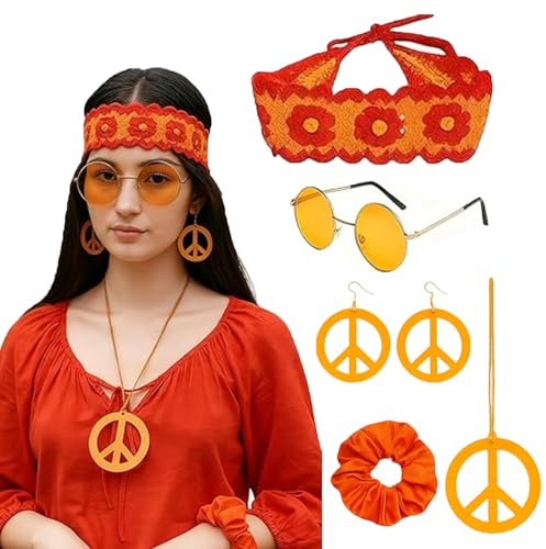 PDirat Hippie Accessoires Damen, Flower Power Accessoires, Peace Kette Hippie, 5-teiliges Set mit Ohrringen, Stirnband und Halskette, Für Musikfestivals und Boho-Stil