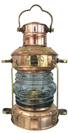14” Brass & Copper Anchor Oil Lantern – Vintage Nautical Ship Lamp with Fresnel Glass – Handcrafted Maritime Anchor Boat Lantern Decor – Functional Oil Burner (Copper)