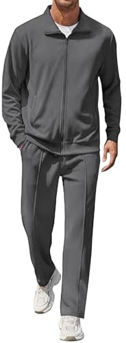 Generico Tuta da uomo per il tempo libero, comoda, da jogging, in tinta unita, con chiusura lampo, polo e vestibilità regolare, per il tempo libero, grigio scuro, 5XL