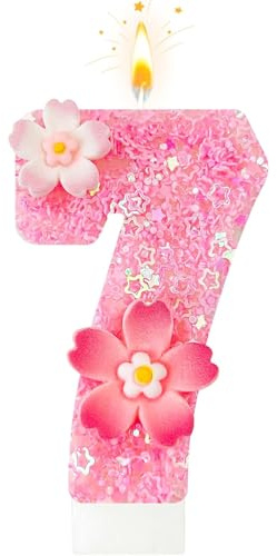 Koboko Rosa Kerze 7 Geburtstag Mädchen, Blumen Geburtstagskerze 7 Kuchen Deko Mädchen, Geburtstagskerzen Zahlen 7 Rosa, Pink Blumen Geburtstagskerzen Kuchen Zahlen 7, Kerze 7. Geburtstag Tortendeko