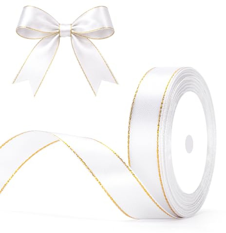 G2PLUS Weiß Gold Satinband 20mm: Dekoration Geschenkband, 22m Schleifenband zum Bastel, Dekoband für Geschenkverpackung, Dekoration