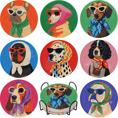 WEMEON 8 Stück Diamond Painting Untersetzer, Hund DIY mit Halter, Kreativ Mosaik Basteln für Erwachsene, Personalisiertes Anti-Stress Geschenk
