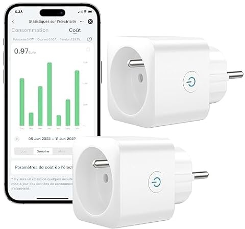 Prises Connectée Intelligente avec Mesure de Consommation, Contrôle à Distance, Allumage et Extinction Programmable, lot de 2.