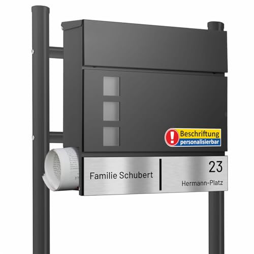 AL Briefkastensysteme Laser-Line Standbriefkasten personalisiert mit Name & Hausnummer in RAL 7016 Anthrazitgrau – Briefkasten mit Gravur freistehend mit Ständer und Zeitungsrolle DIN A4