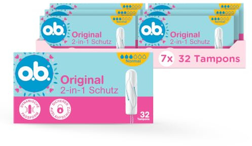 ob. Original normal 2-i-1-skyddstamponger (7 x 32 st.) med dynamisk passform och sammankopplade spår för upp till 100% läckageskydd och komfort