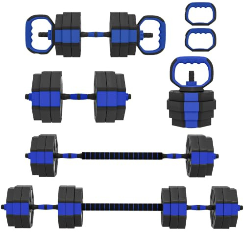 SPORTNOW 20/25/30 kg Ensemble d'Haltères Musculation 6 en 1 Bleu et Noir | Haltères Réglables Antidérapantes, Kettlebell Réglable, Barre de Musculation, Support pour Pompes, Fitness à Domicile