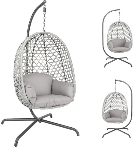 Oyajia Hängesessel mit Gestell für Outdoor & Indoor – Rattan Ganzjähriger Loungesessel mit Kissen, Garten Schaukelstuhl für Balkon Terrasse, bis 120 kg belastbar, faltbar, Grau (Ohne Kopfstütze)