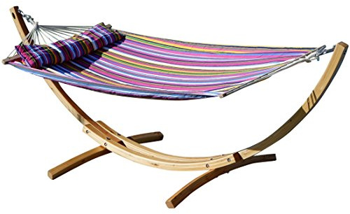 320cm Hängemattengestell XL Limited Edition aus Holz Lärche mit Stab Hängematte gefüttert und Polster Schrauben aus Edelstahl von AS-S, Farbe:Gestell Natur mit Matte PINK