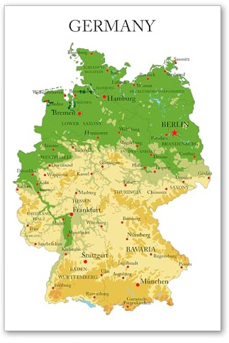 Postereck - 1189 - Deutschland Karte, Städte Englisch Bundesländer - Unterricht Klassenzimmer Schule Wandposter Fotoposter Bilder Wandbild Wandbilder - Poster - DIN A3-29,7 cm x 42,0 cm