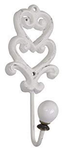 Chic Antique Altfranzösischer Crochets de Vestiaire Crochet avec Poignée Porcelaine et Cœur Décor Crochet Mural Antique Fonte H 16 cm Antique Blanc