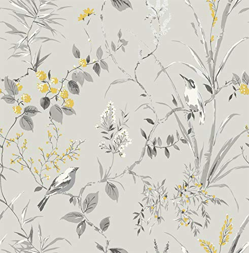 Floral Birds Wallpaper Grey Yellow Metallic Flower Shimmer Fine Decor Mariko from Y�L