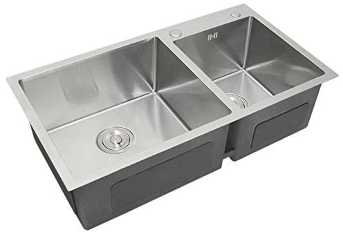 Lavello da Cucina Doppio Acciaio Inox Squadrato Satinato Resistente Corrosione Lavabo Sottotop Sottopiano Sotto-Piano Integrato Lavandino Integrato Tappo Filtro e Scarico Inclusi per Uso Commerciale