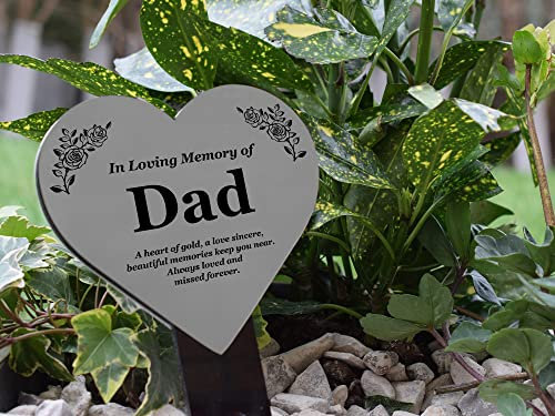 DAD Heart Memorial Remembrance Plaque Stake - Metallic SILVER/GOLD/COPPER Acrylic, Waterproof, Outdoor, Grave Marker, Tribute, Plant Marker (Silver)