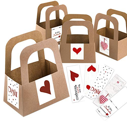 Logbuch-Verlag 5 kleine braune Geschenk Körbchen mit Herz Sticker rot weiß 14,5 x 10 cm aus Kraftpapier