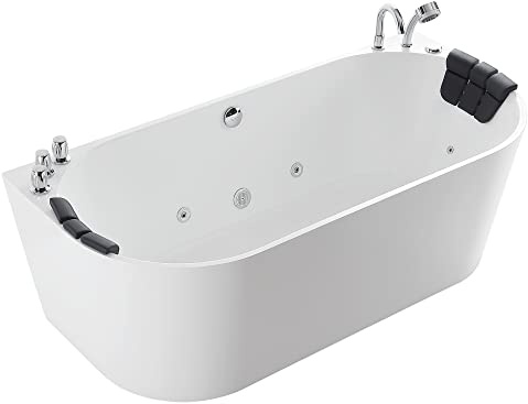 Empava 71 Freestanding Whirlpool Bathtub Oval with 8 Hydromassage Adjustable Water Jets Luxury Acrylic Massage SPA Soaking Bath Tub in White Double Ended