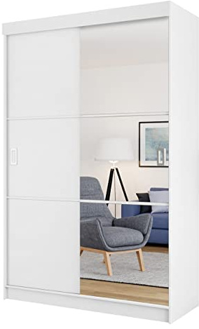 Logic 138 IIIL Armoire avec miroir, 2 penderie et 3 étagères - Armoire à portes coulissantes - 138 x 205 x 60 cm - Pour chambre à coucher, couloir et couloir (blanc, sans éclairage)