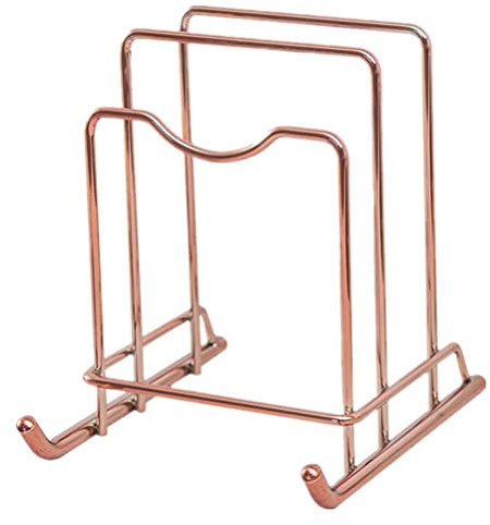 HEMOTON Chopping Board Rack Pot Pan Lid Holder Cutting Board Organiser Display Stand Thin Bakeware Baking Tray for Kitchen Countertop Cupboards Cabinet Office 16X19. 5X20cm Rose Gold