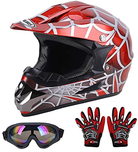 OUMURS DOT - Casco de motocross juvenil para niños, con guantes, gafas para niños y niñas de 5 a 14 años, casco de cuatro ruedas para niños, motocross, BMX, MX, UTV, motos de nieve, Go Kart, carreras