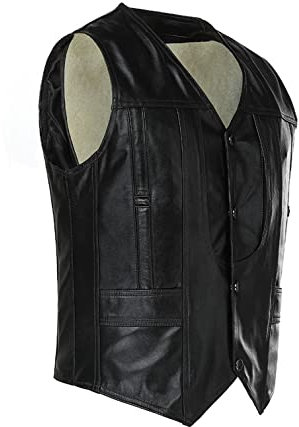 Hommes en Peau De Mouton Cuir Gilet Laine Doublé Épais Chaud en Cuir Véritable Décontracté sans Manches Vestes Multi-Poches Gilet Noir Black S