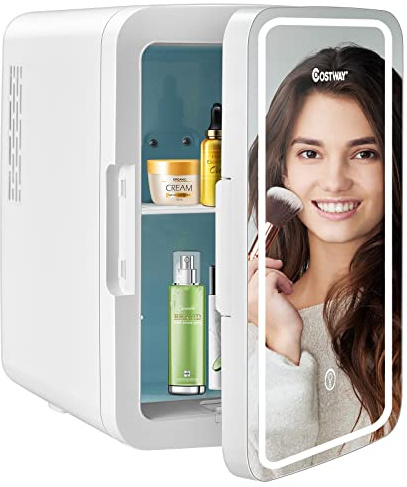 GOPLUS Mini Frigo 10 L, Frigo Cosmetique avec Miroir à Maquillage LED, Mode Froid/Chaud, Frigo Silencieux avec Étagères Amovibles pour Chambre, Voiture