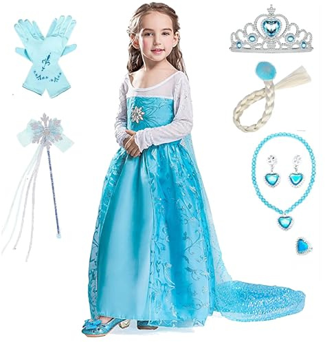 Timesun ELSA Mädchen Prinzessin Elsa Kleid Kostüm Karneval Cosplay Eisprinzessin Set aus Diadem, Handschuhe, Zauberstab, Perücke,Halskette,Ohrringe,Ringe,Handbag (Schneeflocken, 150)
