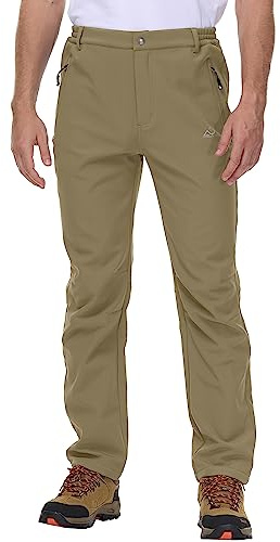 Rdruko Pantalon softshell imperméable pour homme avec doublure en polaire thermique pour l'hiver, le travail, la pêche, la randonnée, le ski avec plusieurs poches zippées, kaki, 44