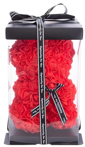 Brandsseller Rosenbär 25x16 cm handgefertigter Teddybär aus Kunstblumen Geburtstag Muttertag Rot-Geschenkbox