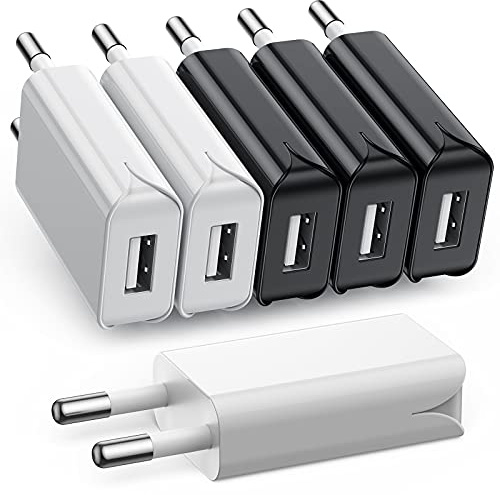 TONGKTAI USB Ladegerät Stecker, 6Pack 5V/1A Slim USB C Ladestecker Netzteil für iPhone, Samsung Handy,MP3, eBook Reader，USB Ventilateur, Smartwatch und Mehr (3 Schwarz+3 Weiß)