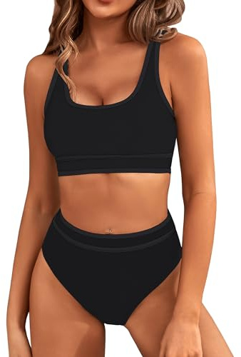 BMJL Women's High Waisted Bikini Sets Sporty Two Piece Swimsuits Color Block Cheeky High Cut Bathing Suits(XL,Solid Black)