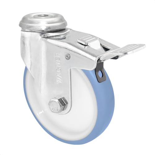 WAGNER Soft-Lenkrolle mit Rückenloch - Durchmesser Ø 125 mm, Bauhöhe 150 mm, Stahl verzinkt, blau/weiß, Bremse, Tragkraft 90 kg - 23372501