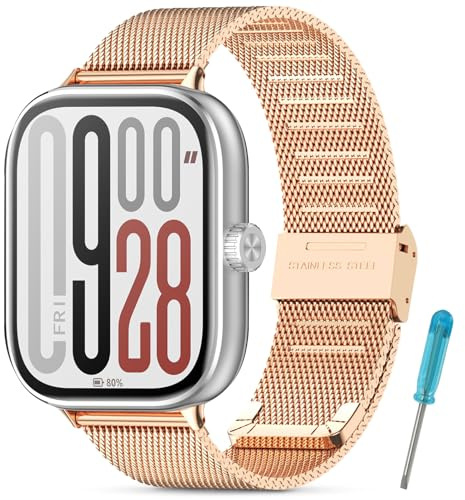 WindRen Ersatzarmband Kompatibel mit Xiaomi Redmi Watch 6/5/4, Mesh Geschäft Metall Uhrenarmband für Xiaomi Mi Band 9 Pro/Xiaomi Mi Band 8 Pro, Roségold