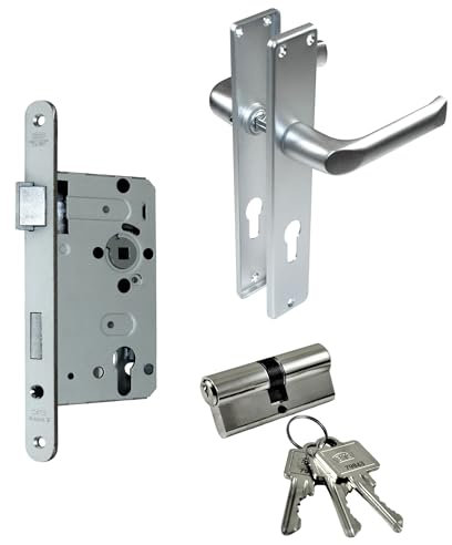 SN-TEC BKS Zimmertür/Wohnungstür/Badezimmer Komplett Set, inclusive Aluminium Schild Beschlag (PZ Schließzylinder, DIN LINKS, Langschild 215mm x 40mm)