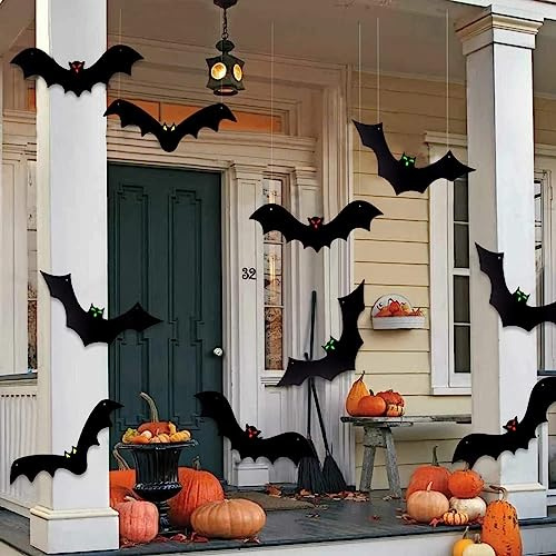 DTYDECLE 12 Stück Halloween Hängende Fledermaus mit leuchtenden Augen | Realistische Wasserfeste Hanging Bats Gruselige Schwarze Fledermäuse für Halloween Party Outdoor Dekoration