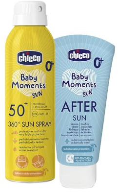 Chicco Set Protezione Solare da Viaggio, Spray SPF50+ 150ML e Latte Doposole Rinfrescante 150ML,per Pelle Sensibile del Bambino, Resistente all'Acqua, 0 Mesi+