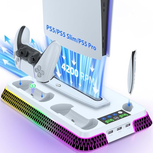Lictin PS5/PS5 Slim Cooling Stand & PS5 Controller mit RGB LED, 3 Stunden Fast Playstation 5, 3 USB Hubs, Kopfhörerhalter, PS5 Zubehör Passend für 2020/2023 PS5 Standard/Digital Edition