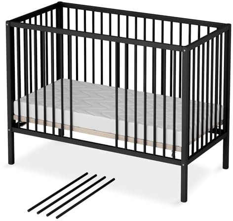 Babybett Sleepy 60x120 cm | höhenverstellbar | Buchenholz | mit 4 Schlupfsprossen | inkl. Lattenrost | Kinderbett Beistellbett (mit SleepPlus Matratze, schwarz, 60x120 cm)