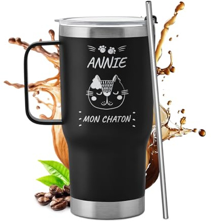 Maverton Mug Isotherme Personnalisé Noir 600 ml en Inox | Avec Paille Brosse de Nettoyage et Boîte, Chaud 6h/Froid 10h, Cadeau Anniversaire Homme Femme Couple, Mariage, Noel