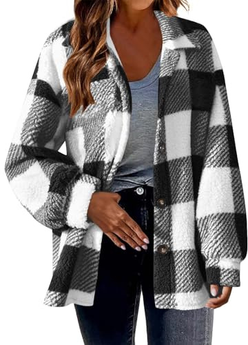Flodxo Veste d'hiver en polaire à carreaux pour femme Y2K - Manteau d'hiver en tartan - Manteau en laine boutonnée - Chemise pelucheuse avec poche à revers - Haut à carreaux
