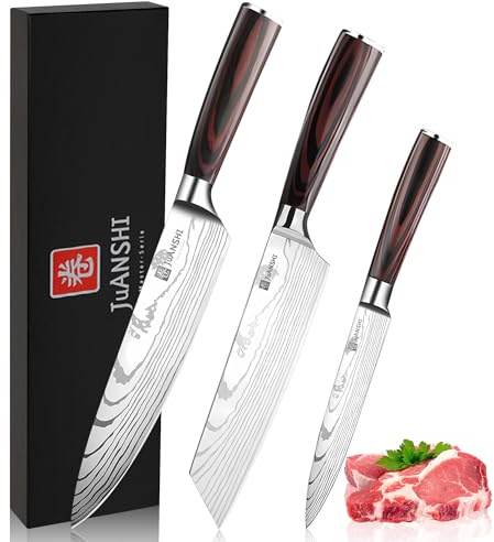 JUANSHI® 3-teiliges Messerset, 20,5 cm Kochmesser & 20,5 cm Kiritsuke Messer, 13 cm Universalmesser, Professionelles Küchenmesser Set aus Carbon Edelstahl, Ultrascharfe Klingen