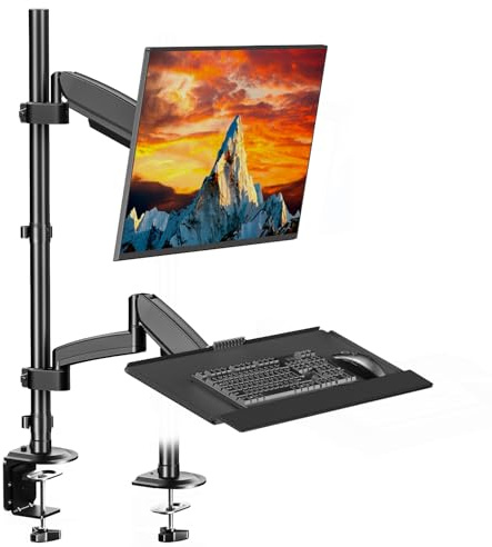 Support écran avec Plateau pour Clavier - pour moniteurs 17 à 32 Pouces, Bras à gaz jusqu'à 9 kg, Compatible avec claviers Standards et Larges, supporte Jusqu’à 1 kg