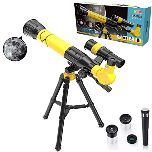 MOZMY Télescope astronomique pour enfants, télescope astronomique, télescope réfracteur pour enfants, débutants, astronomes amateurs avec trépied réglable, 3 oculaires (jaune)