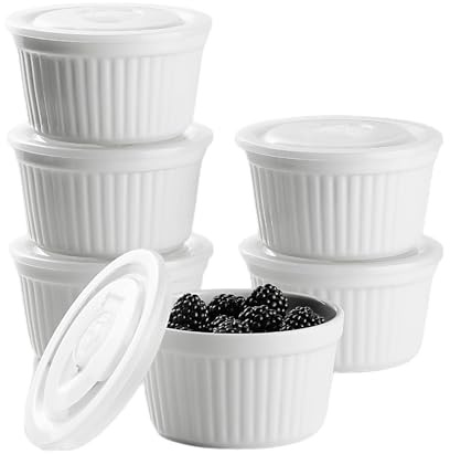 Familywood 8 oz Porcelain Ramekins with Lid, White Creme Brulee Souffle Dishes with Covers, Ceramic Pudding Custard Cups Ramiken Bowls for Baking, Set of 6, Dishwasher and Oven Safe