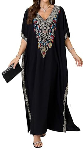 Bsubseach Dam broderad kortärmad bikini baddräkt täcka upp sida delad strand kaftan klänning, B-svart broderi, one size