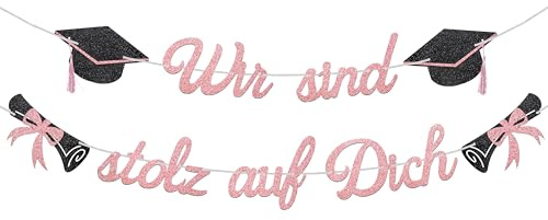 2026 Graduation Deko Girlande, Wir sind stolz auf Dich Abschlussdeko Banner | Glitzer Bachelor Hut Hängedeko für Abitur, Bachelor und Master Graduation Abschlussparty Dekoration in Rosegold