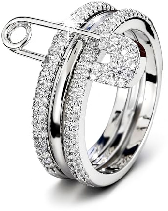 Pregeckit Fashion Safety Pin Stackable Rings for Women CZ Cubic Zirconia Paved Multi-Link Connected Statement Rings Chunky Stacking Jewelry Gift